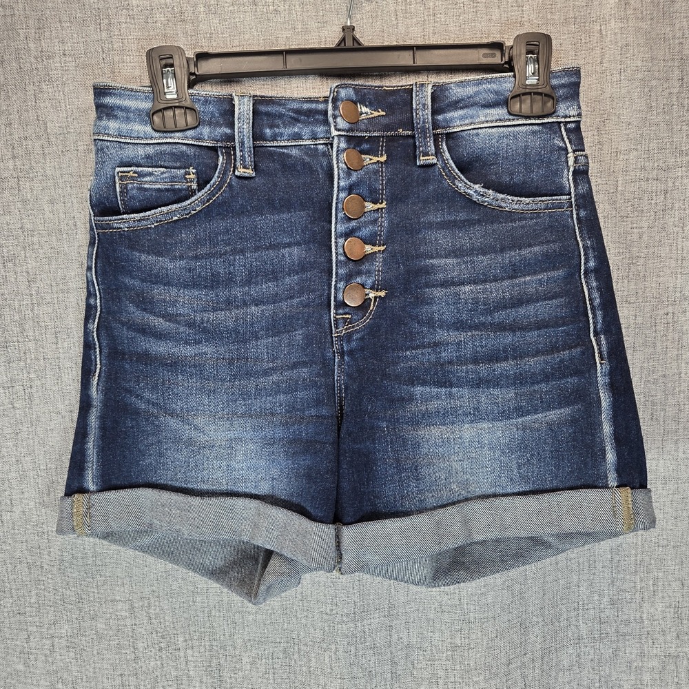 Pink Lily Women's XS High Rise Denim Rolled Cuff Shorts Blue Button Accent Beach